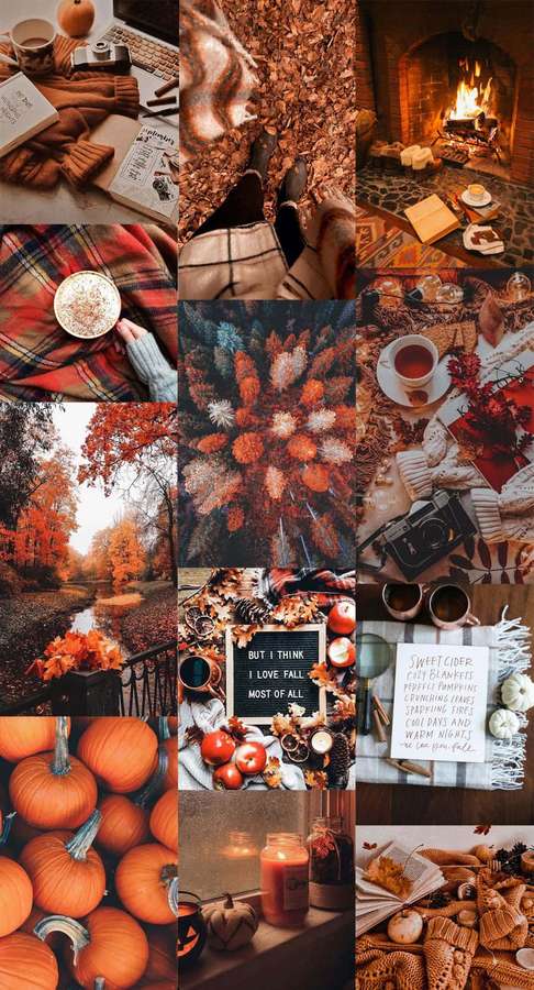 Herbstliche Collage mit Kürbissen, Kaminen, Decken und warmen Getränken. — Herbst ästhetik iPhone Wallpaper