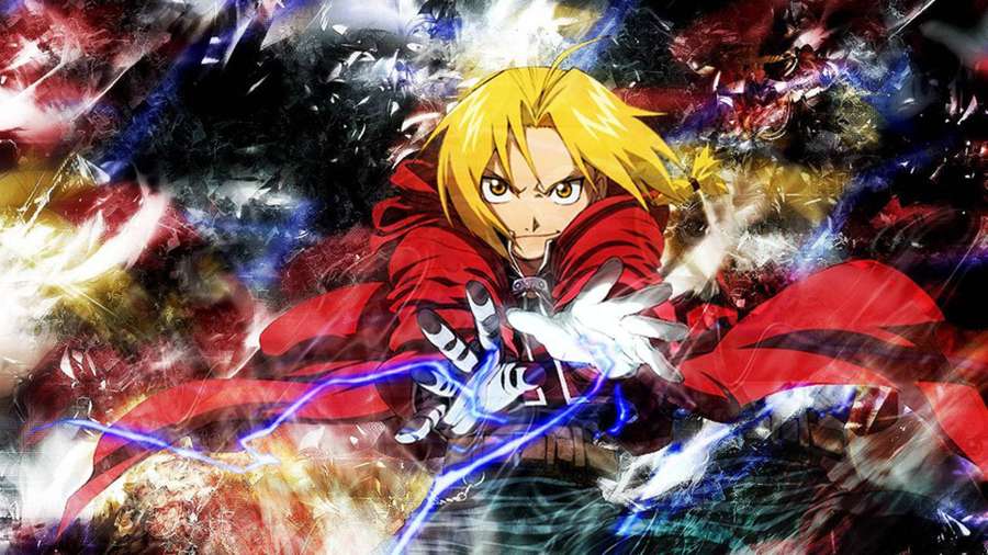 Personaje anime con abrigo rojo desatando energía azul en batalla explosiva. — Hermandad Fondos de pantalla