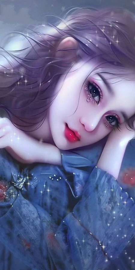 Chica anime de cabello púrpura y labios rojos descansando su cabeza sobre sus brazos. — Hermoso Rostro Fondos de pantalla