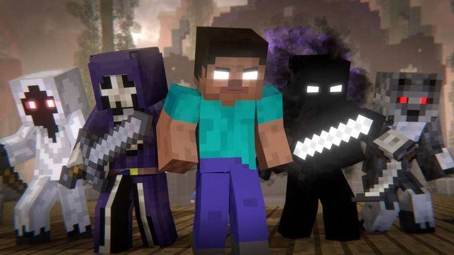 Minecraft-Spieler umgeben von feindlichen Mobs in einem dunklen Wald bei Nacht. — Herobrin Wallpaper