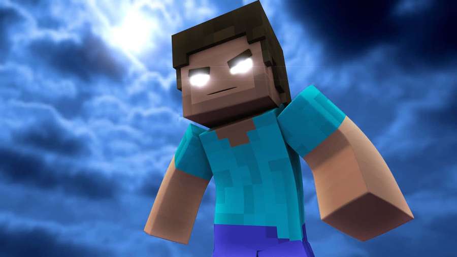 Personagem do Minecraft com olhos brilhantes sob céu tempestuoso — Herobrina Papéis de Parede