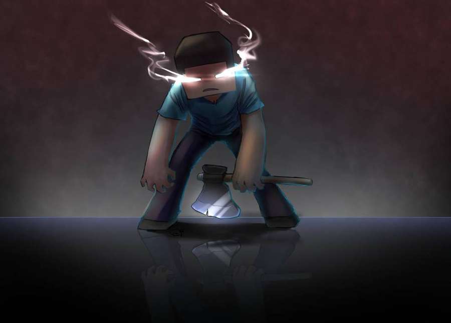 Angry pixel-art character holding an axe with steam rising from his head. — Herobrine Wallpaper