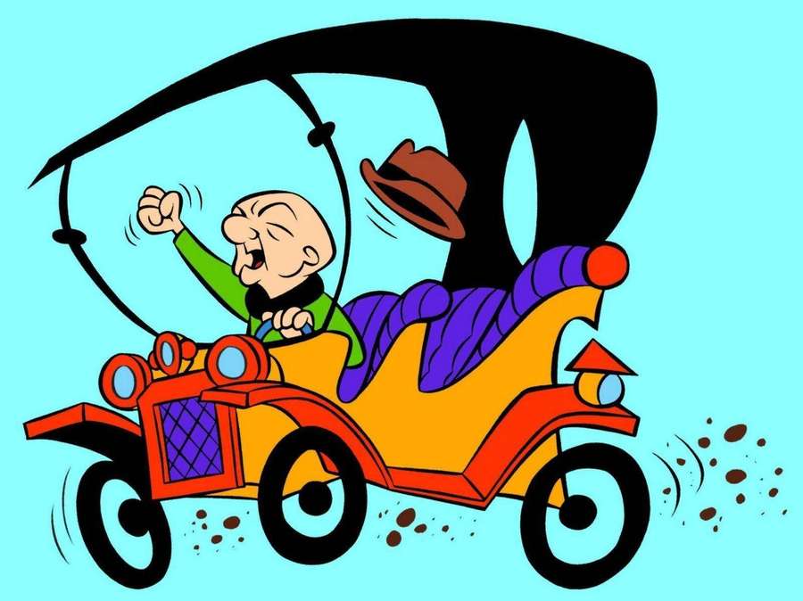 Cartoon-Mann fährt Oldtimer-Auto mit fliegendem Hut und fröhlichem Ausdruck. — Herr Magoo Wallpaper