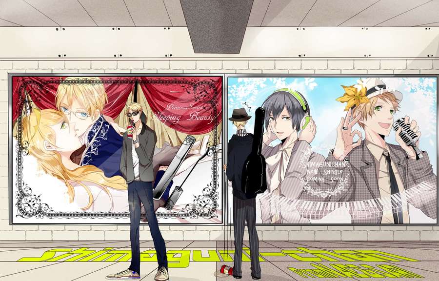 Two anime boys with guitars stand before colorful wall posters in a subway station. — Hetalia Wallpaper