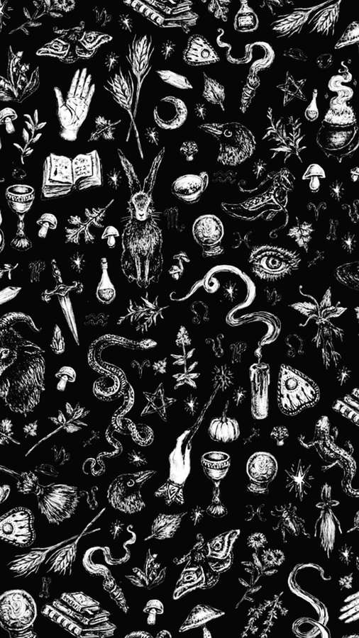 Mystische okkulte Symbole und Kreaturen in weißen Skizzen auf schwarzem Hintergrund. — Hexenhaft Wallpaper
