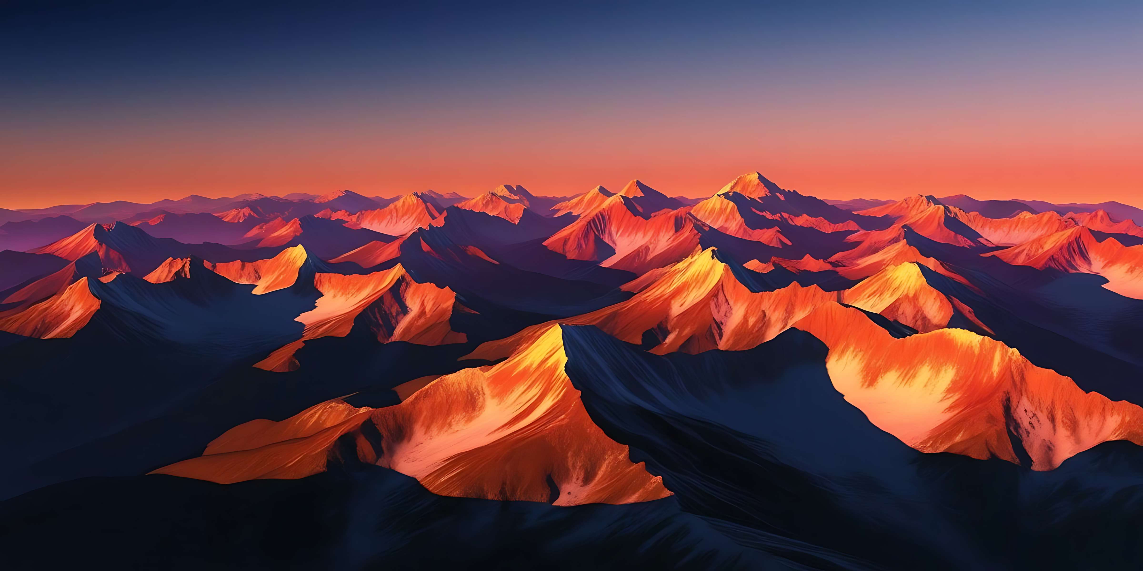 Sunset over majestic mountain peaks glowing in orange and blue. — High PNG