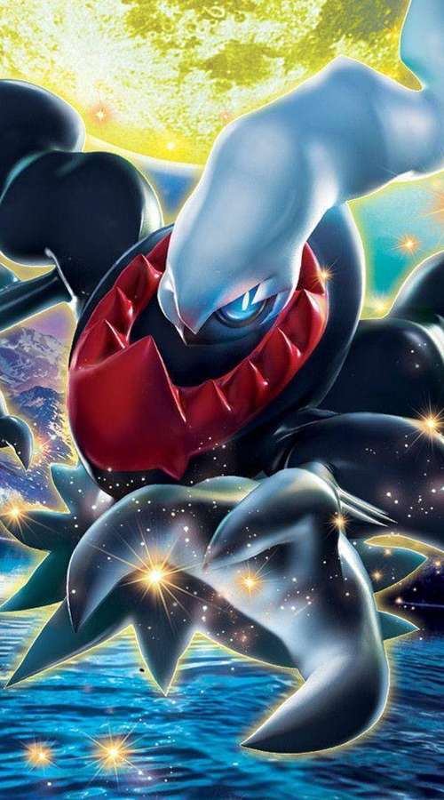 A glowing blue-eyed Pokémon with red mouth emerges from water under a bright moon. — High Resolution iPhone Background