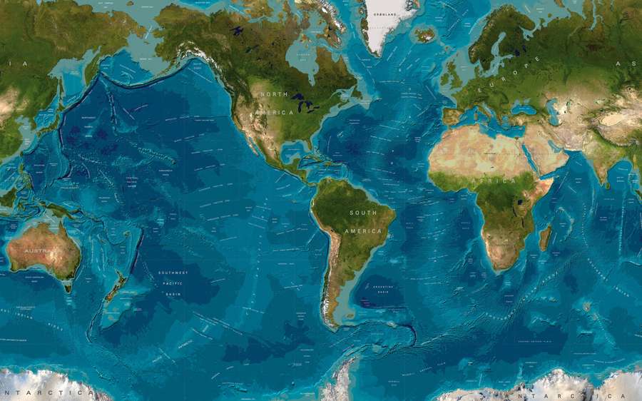 World map highlighting continents and ocean currents with labeled regions. — High Resolution World Map Background
