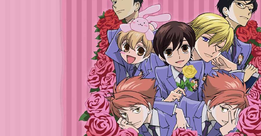 Anime boys in school uniforms surrounded by red roses on a pink background. — High School Background