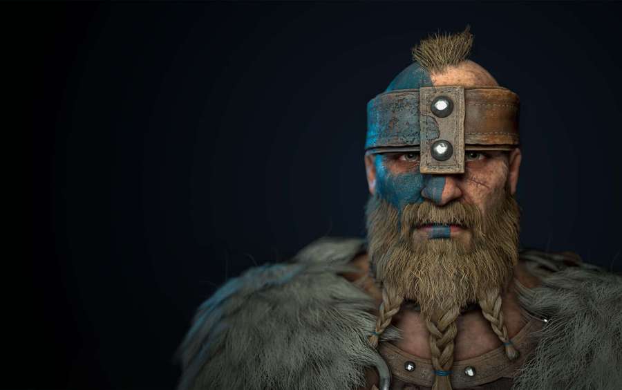 Viking warrior with blue face paint and braided beard wearing fur and metal armor. — Highlander For Honor Wallpaper