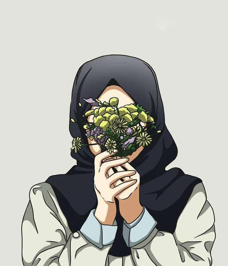 Person im Hijab hält Blumen über das Gesicht vor sanftem grauem Hintergrund — Hijab Bilder