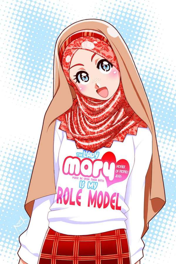 Anime girl wearing red patterned hijab and t-shirt that says 'Mary is my role model' against blue halftone background. — Hijab Wallpaper