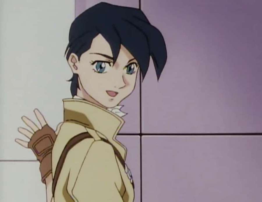 Anime girl with blue eyes and black hair smiling over shoulder in beige jacket. — Hilde Schbeiker Wallpaper