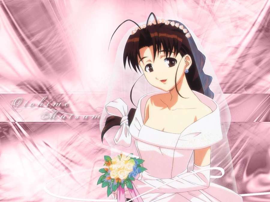 Anime bride in white wedding dress holding a floral bouquet against pink fabric. — Hina Background