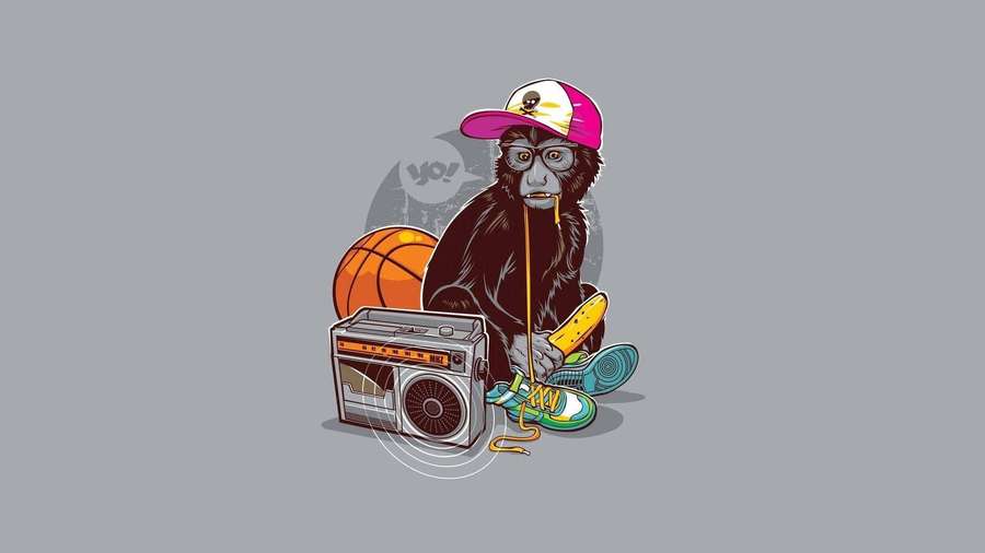 Monkey wearing cap and glasses with boombox basketball and sneakers — Hip Hop Background
