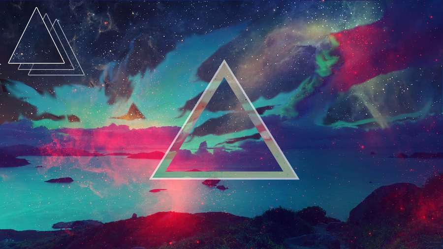 A glowing triangle floats over a starry lake under a colorful cosmic sky. — Hipster Background