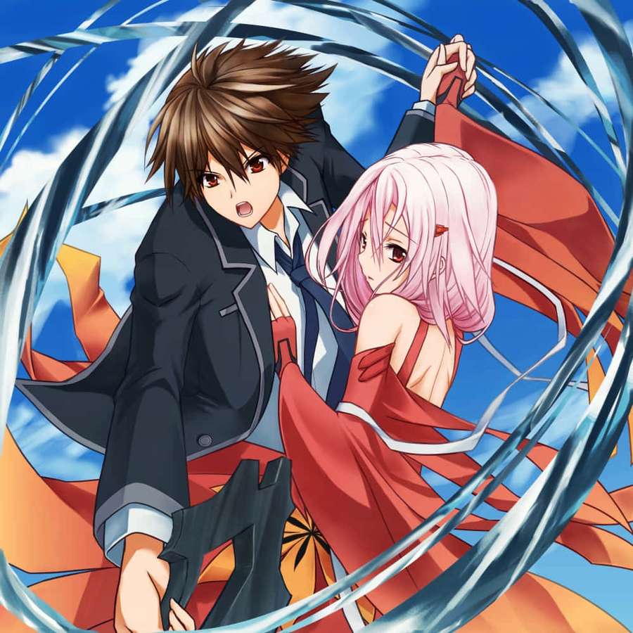 Anime couple in motion with swirling energy effects against a blue sky. — Hiro Sohma Wallpaper