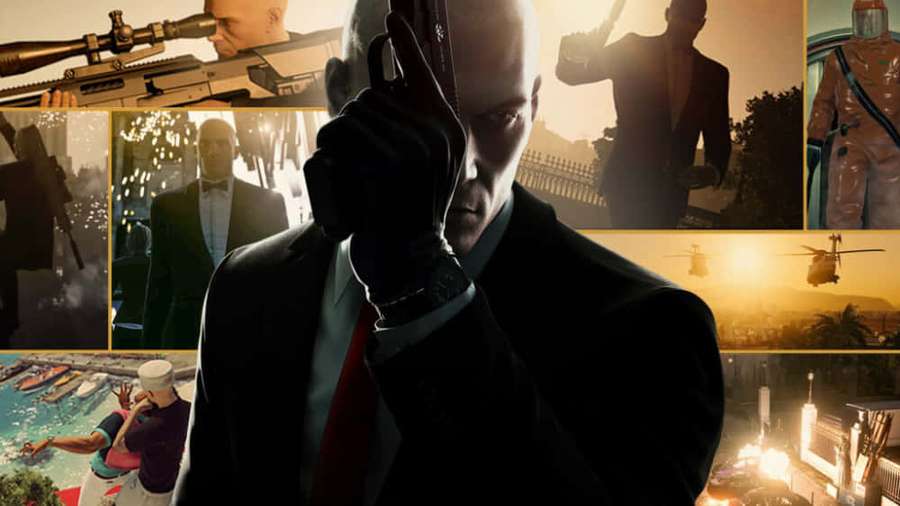 A bald assassin in a suit points a gun at his head surrounded by scenes of his missions. — Hitman 3 Wallpaper