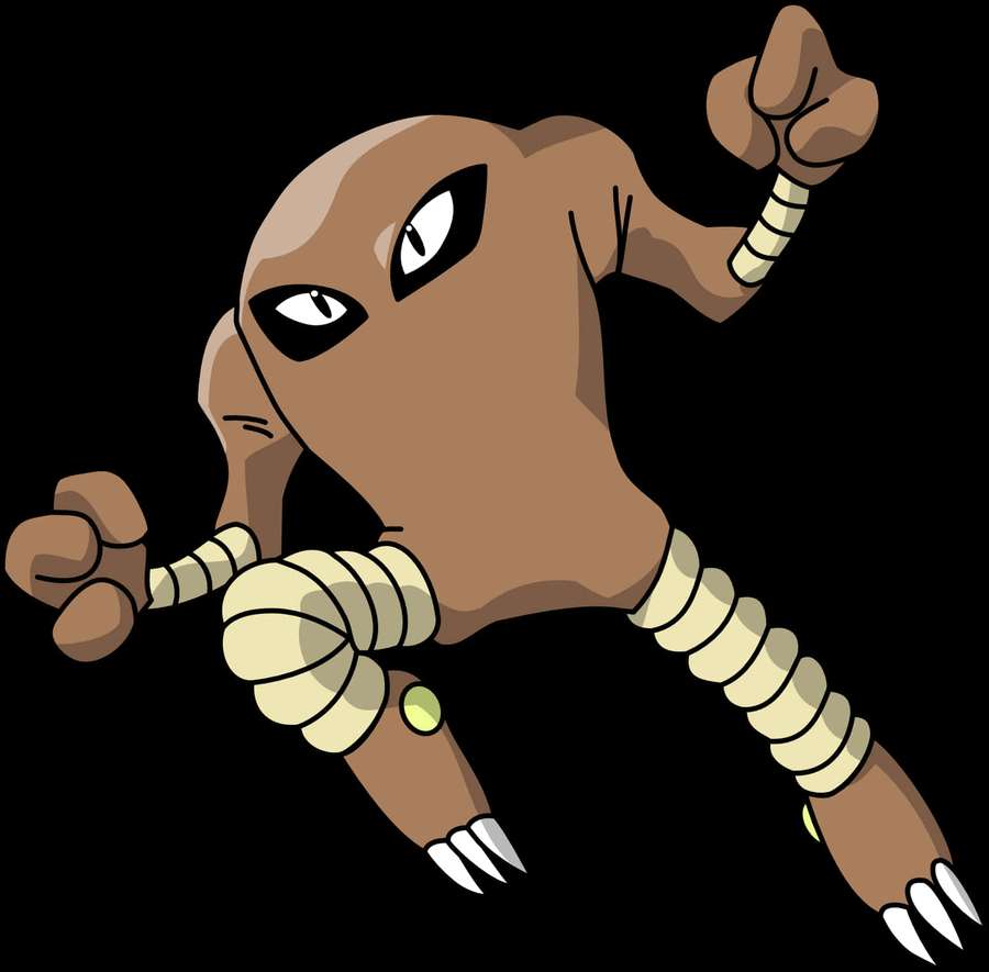 A brown cartoon creature with claws and segmented arms poses aggressively against a black background. — Hitmonlee Wallpaper