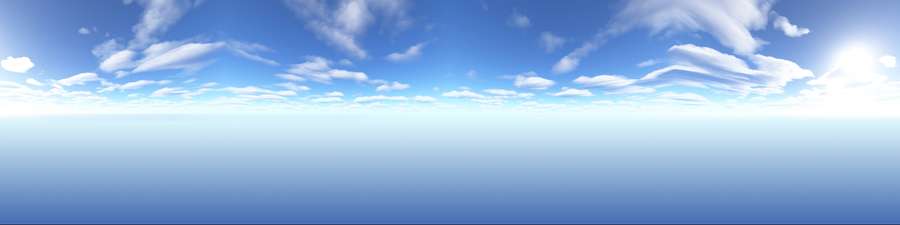 Ausgedehnter blauer Himmel mit weichen Wolken und heller Sonne über ruhigem Horizont. — Hochauflösender Doppelmonitor Bild Wallpaper