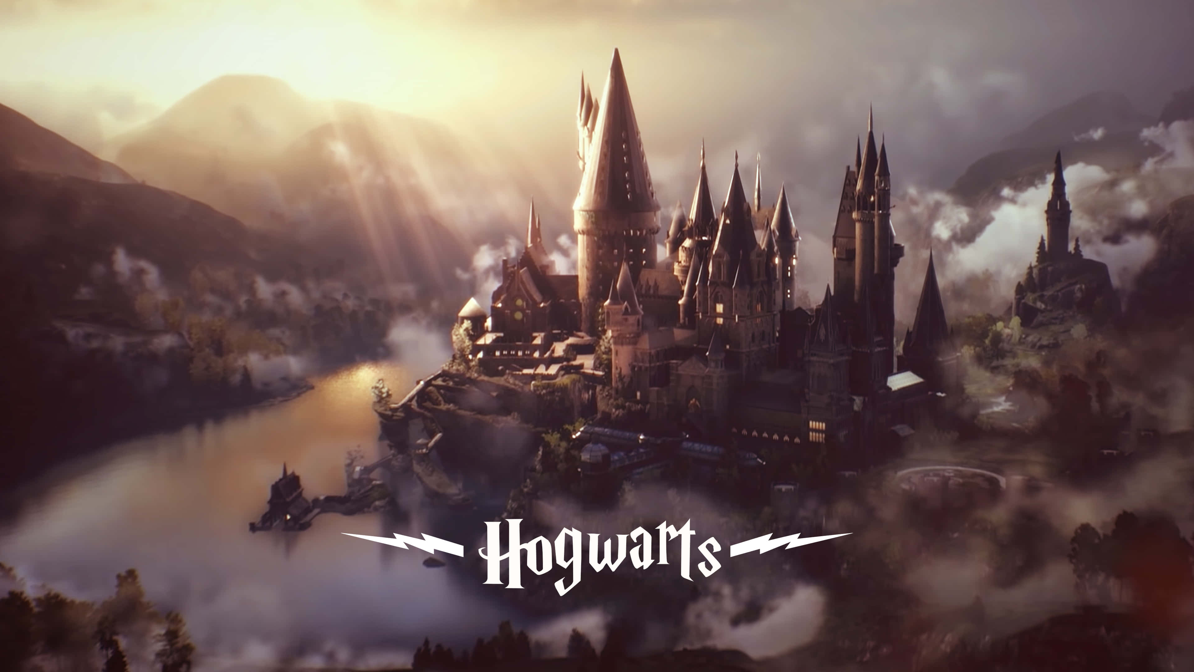 Hogwarts castle perched on misty cliffs with golden sunlight breaking through clouds. — Hogwarts Aesthetic Wallpaper