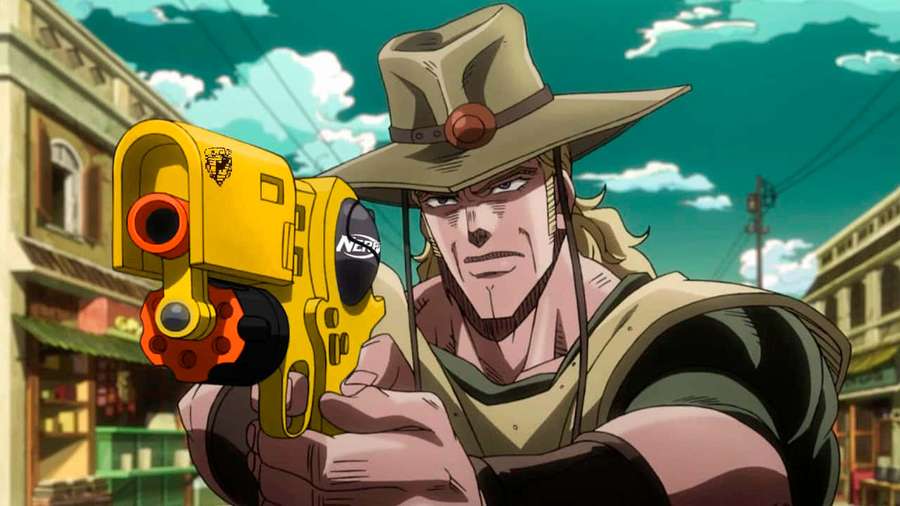 Anime-cowboy richt geel Nerf-pistool in stedelijke straatscène. — Hol Horse Achtergronden