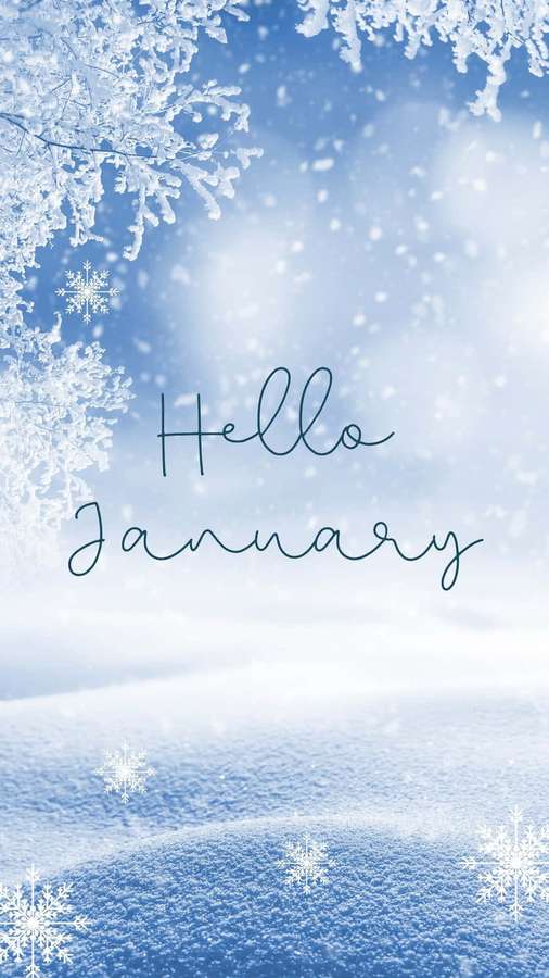 Escena invernal helada con copos de nieve y texto Hello January. — Hola enero Fondos de pantalla