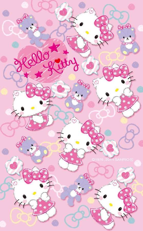 Hello Kitty y amigos en vestidos rosas y lazos sobre un fondo pastel de lunares. — Hola Kitty Fondos de pantalla