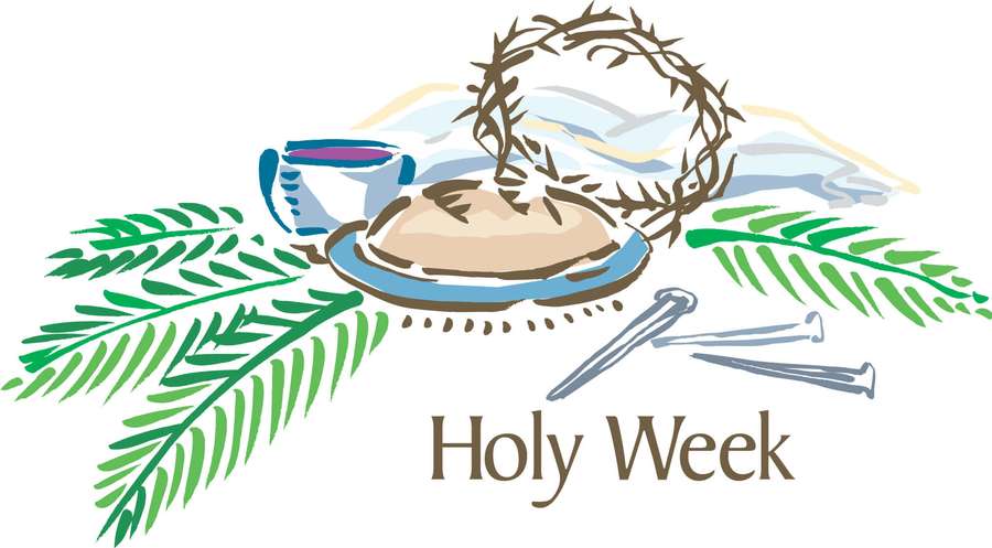 Holy Week symbols including crown of thorns, nails, chalice, and palm fronds. — Holy Week Wallpaper