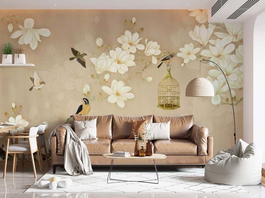 Living room with magnolia mural birds and golden birdcage above brown leather sofa. — Home Decor Wallpaper