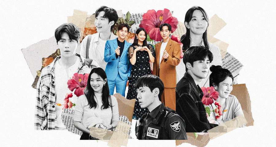 En collage av koreanska skådespelare med röda blommor och rivet pappersbakgrund. — Hometown Cha Cha Cha Bakgrundsbilder