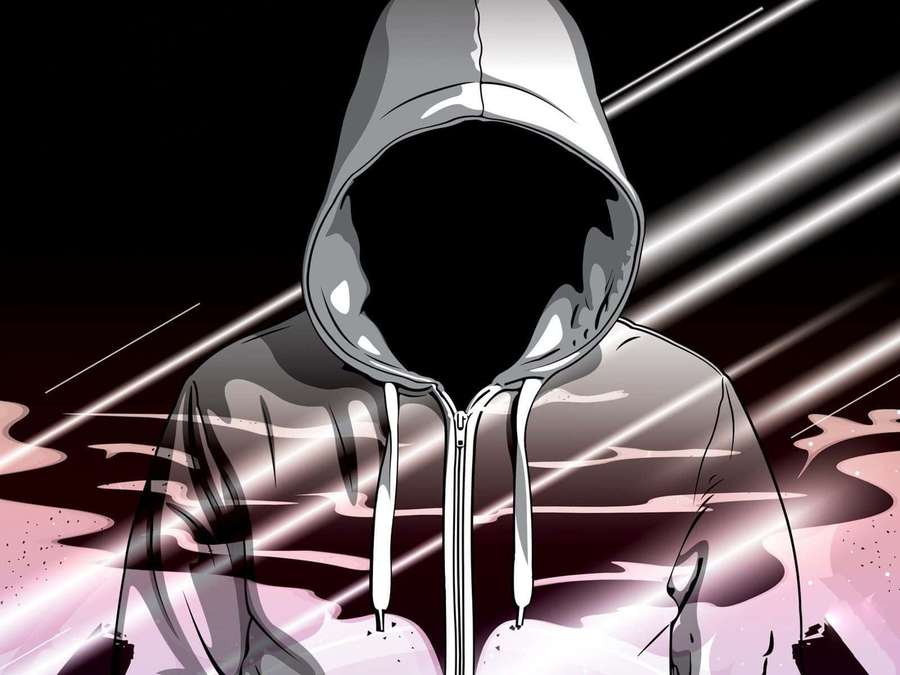 Anonymous hooded figure with glowing pink and silver streaks in the background. — Hood Background