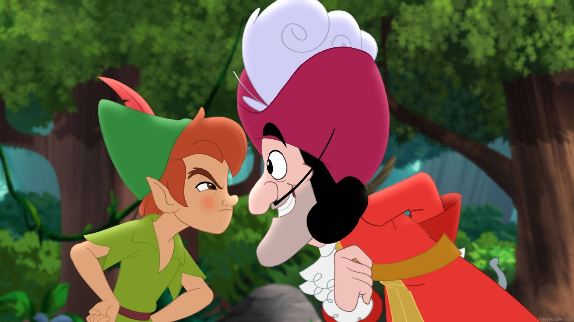 Peter Pan och Kapten Krok konfronterar varandra i en skog. — Hook bakgrund Bakgrundsbilder