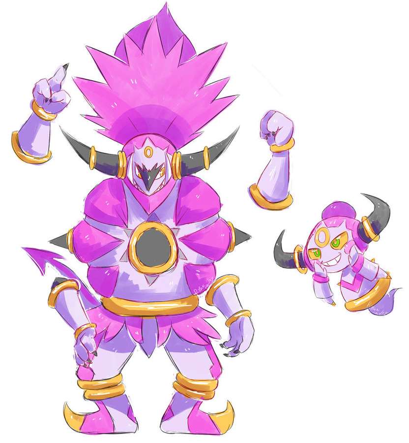 Lila Anime-Monster mit Hörnern und Goldakzenten posiert mit einer kleineren Version. — Hoopa Bilder