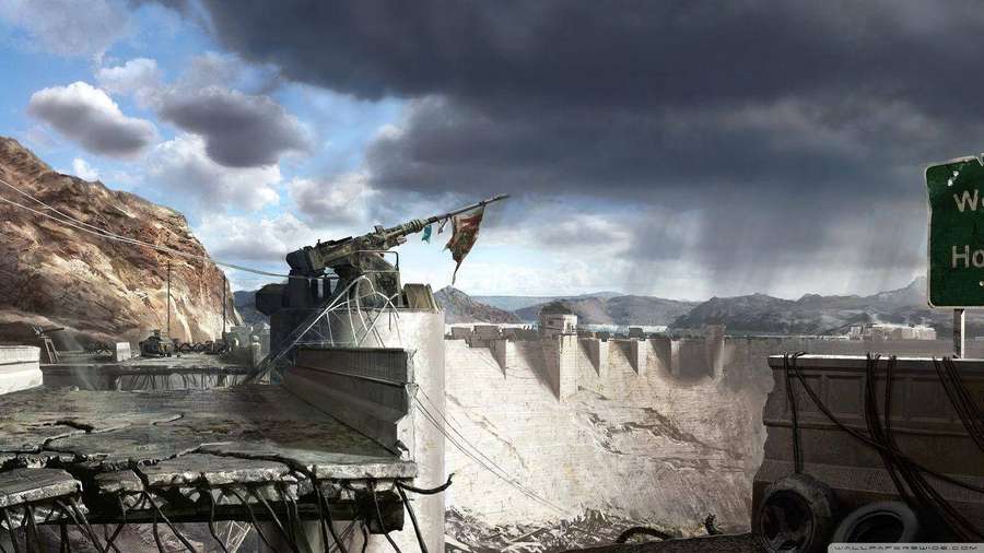 Verlassener militärischer Turm mit zerfetzter Flagge über zerstörter Betonmauer unter stürmischem Himmel. — Hoover talsperre Wallpaper