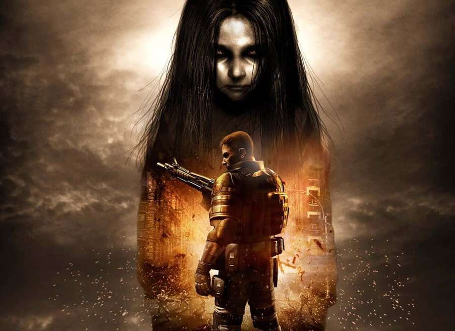 A soldier faces a ghostly woman in a fiery apocalyptic scene. — Horror Games Wallpaper