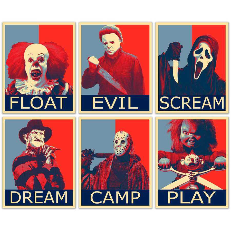 Six horror movie villains in stylized posters with words float evil scream dream camp play. — Horror Icons Wallpaper