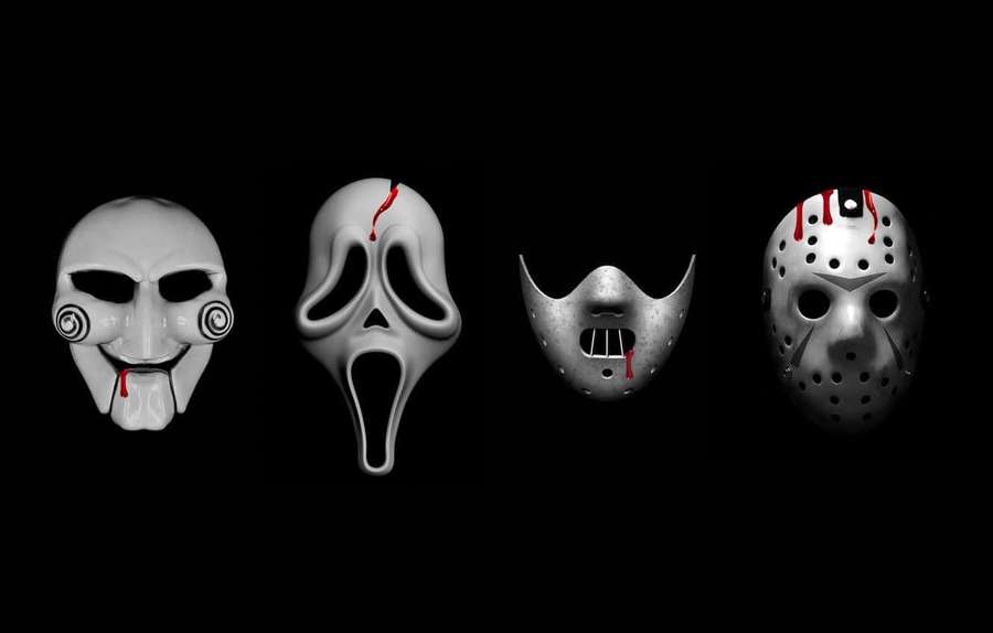Four horror movie masks with blood against black background — Horror Masks Wallpaper
