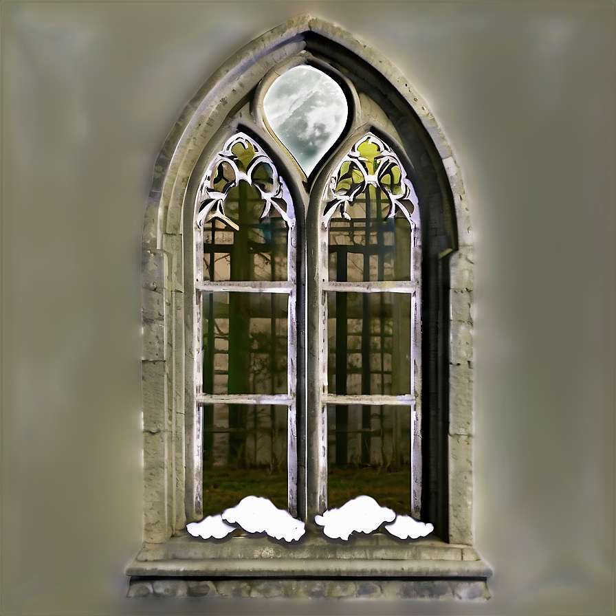 Gothic arched window with stone frame and ornate tracery showing bare trees and clouds. — Horror PNG