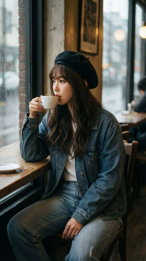 Hoshi in a beret hat at a café on a rainy day. — Hoshi Background