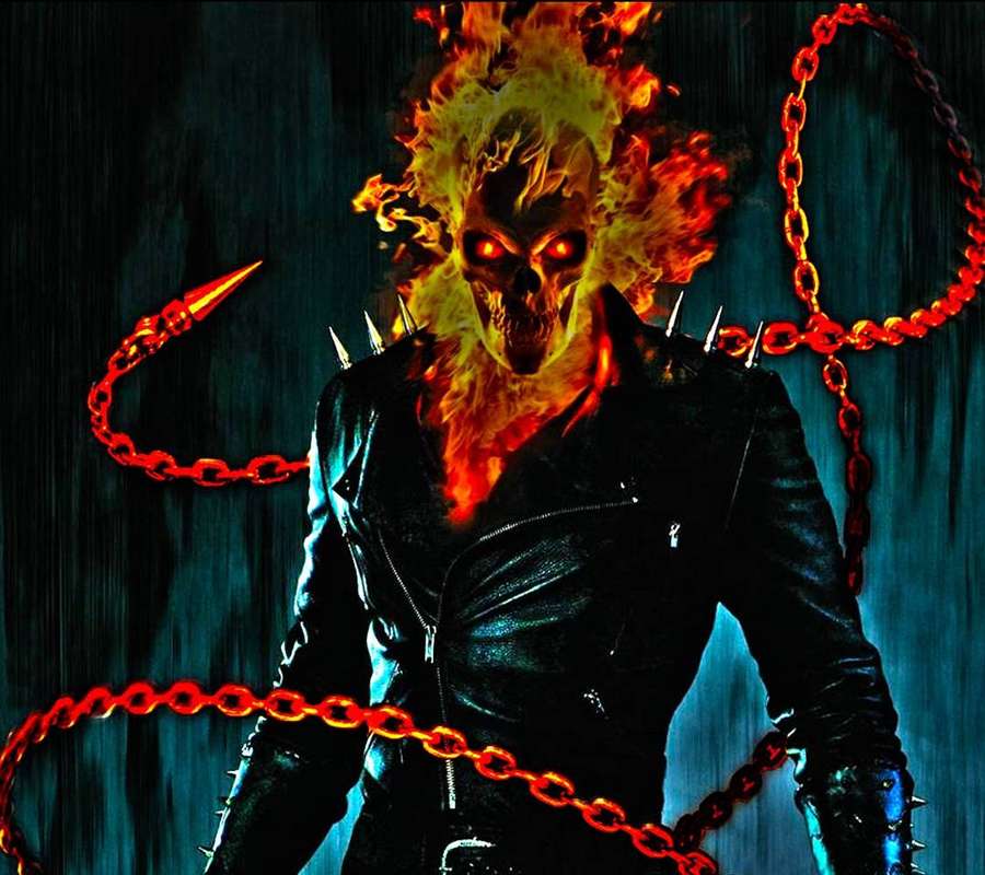 Flaming skull character in spiked leather jacket wielding glowing chains in rain. — Hot Wallpaper