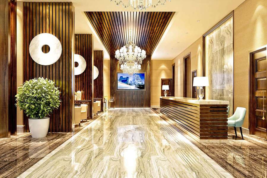 Elegant hotel lobby with marble floors wooden walls and chandeliers. — Hotel Background