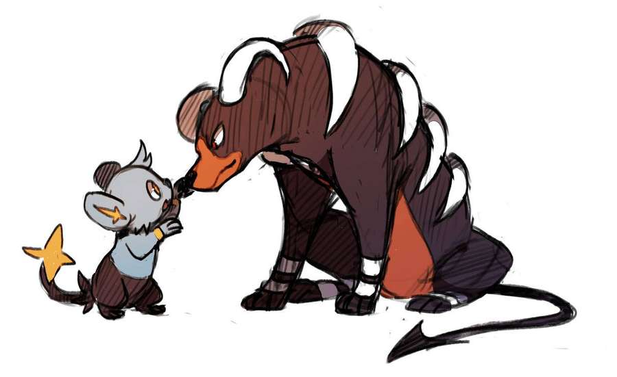 Eine kleine Maus mit einem Sternschwanz schmiegt sich an ein großes braunes bärenähnliches Wesen. — Houndoom Bilder