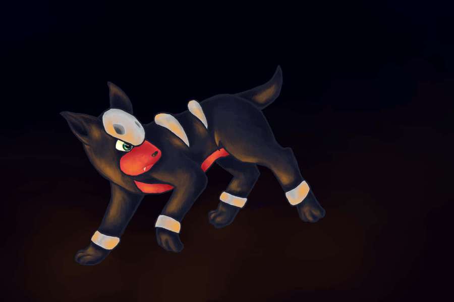 Black anime dog with red nose and white markings crouching in dark setting. — Houndour Wallpaper