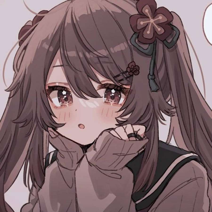 Anime girl with brown hair and floral hairpins blushing shyly while biting her finger. — Hu Background