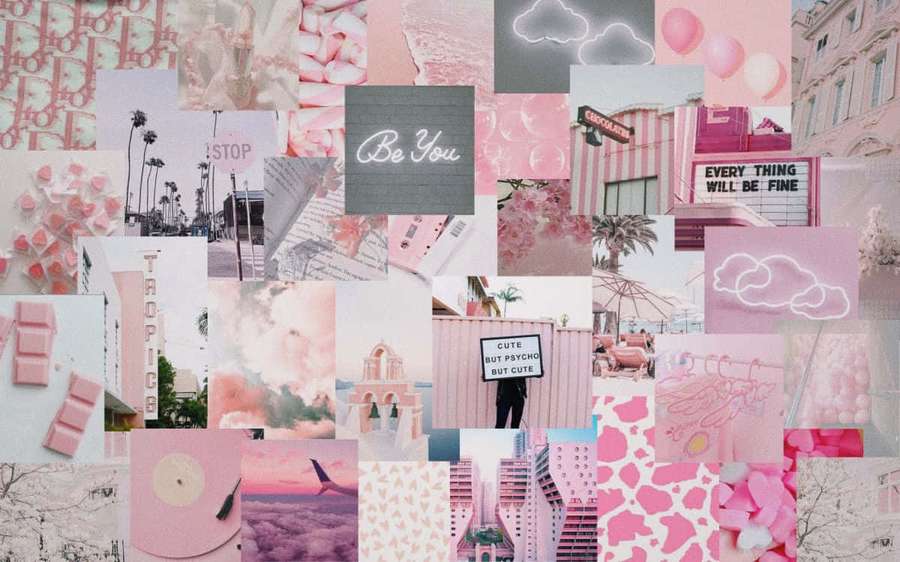 Collage in Rosatönen mit motivierenden Zitaten und Stadtszenen. — Hübscher Ästhetischer Computer Wallpaper