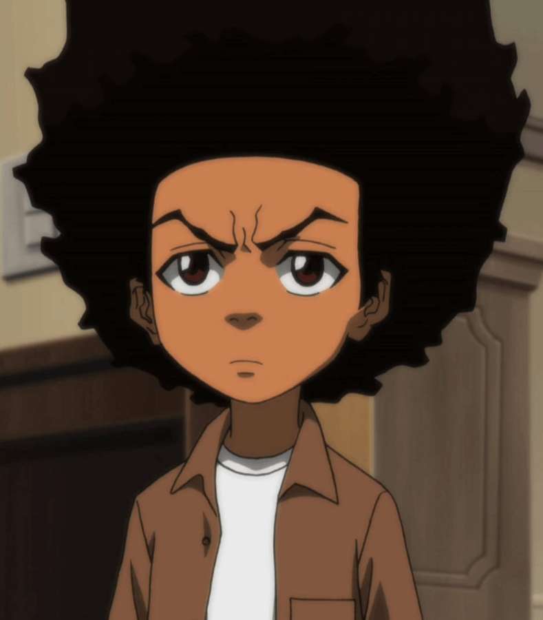 Angry anime boy with afro hair wearing brown jacket indoors. — Huey Freeman Background