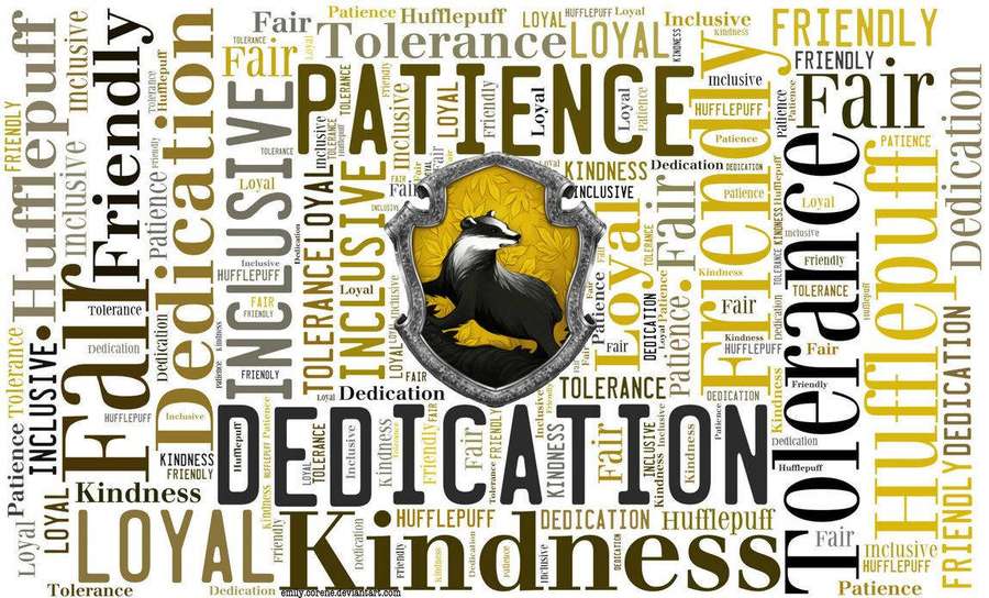 Hufflepuff-Hauswappen mit Dachs, umgeben von Wörtern wie Loyalität, Hingabe und Fairness. — Hufflepuff Bilder