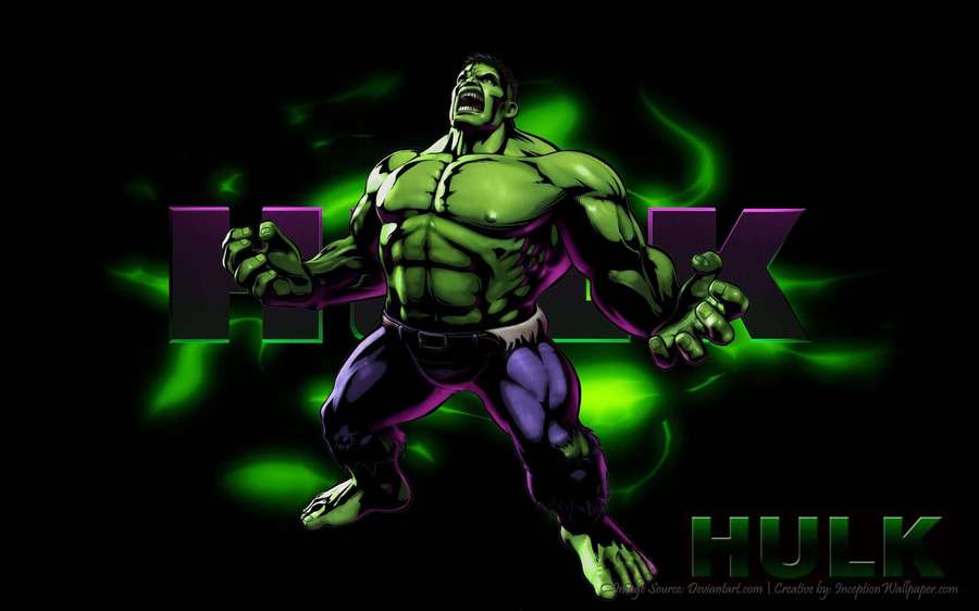 Green Hulk roars with glowing energy behind bold purple and green text. — Hulk Background