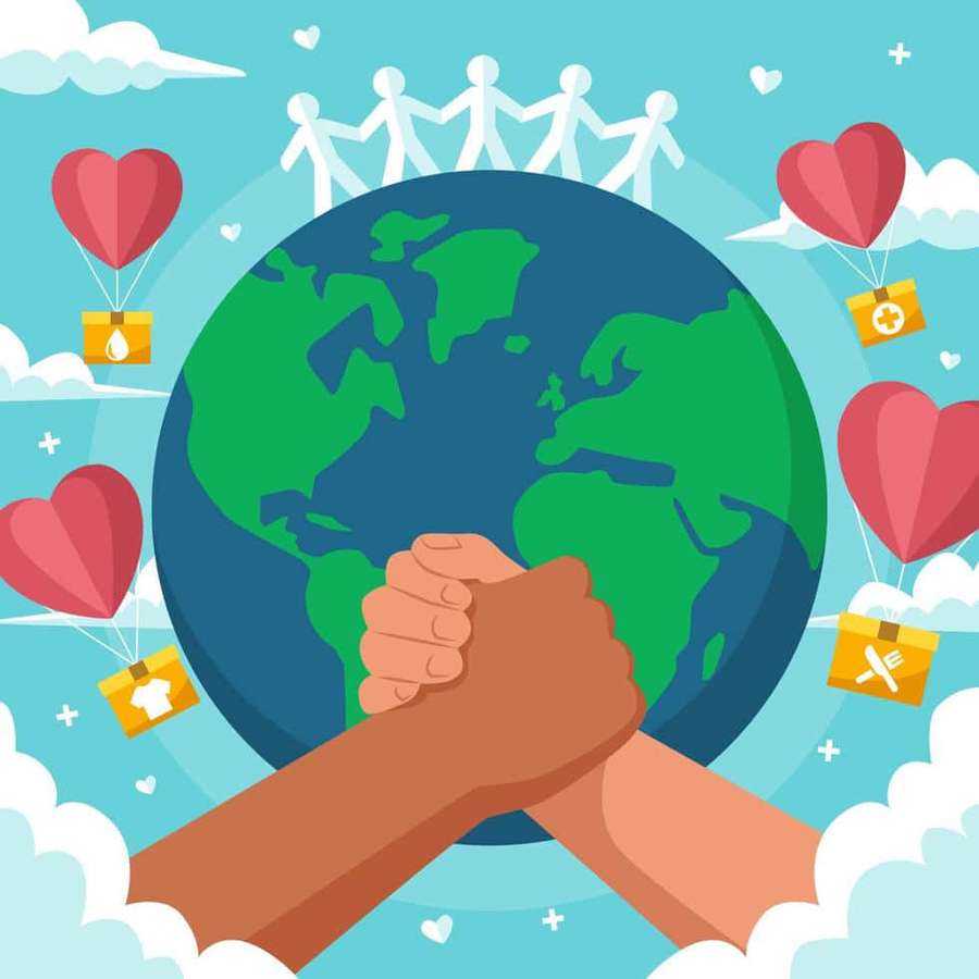 Dos manos entrelazadas en unidad alrededor de un globo terráqueo con corazones flotantes y cajas de ayuda. — Humanitario Fondos de pantalla